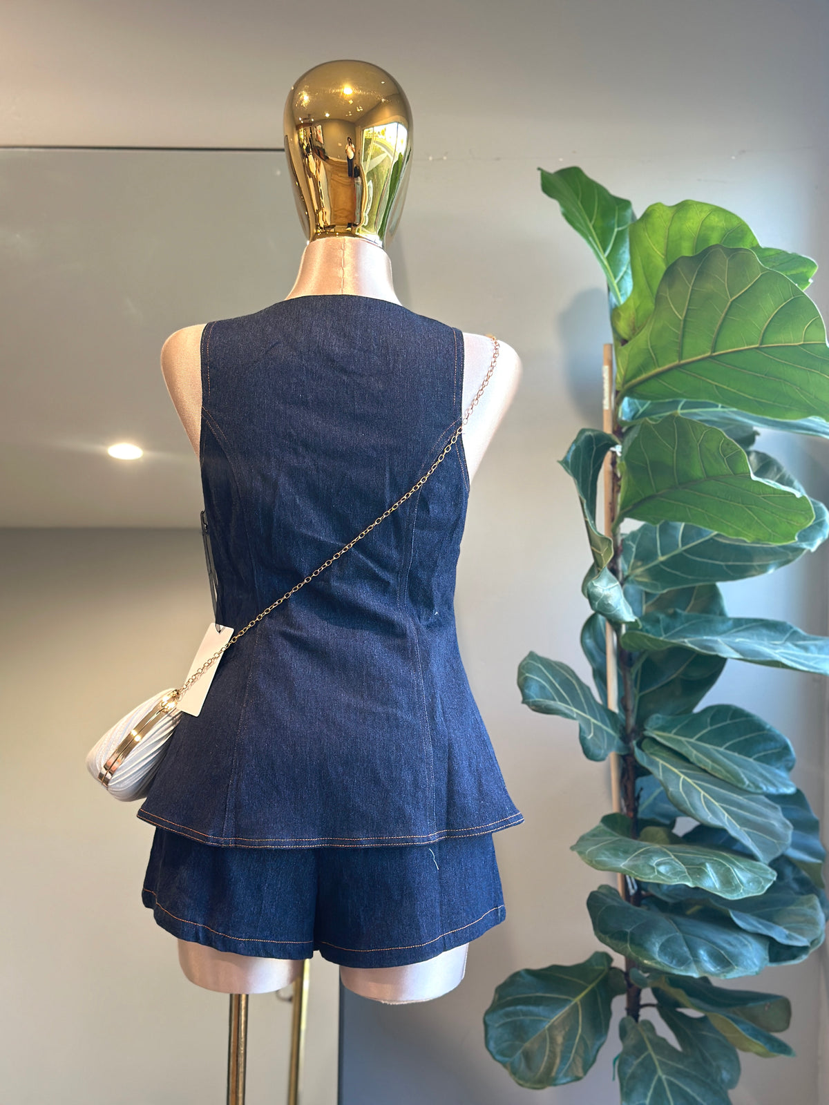 Set-Rom006 Fashion Dark Denim Romper with Gold Buttons