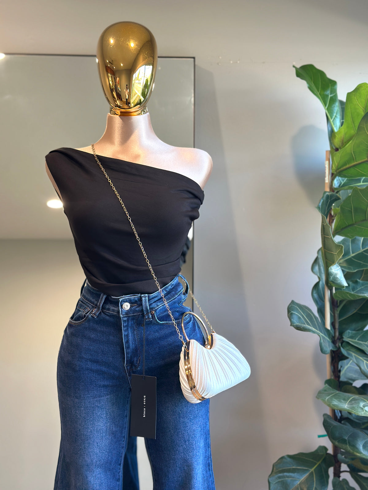 TOP010 Black Fashion top asymmetrical off the shoulder