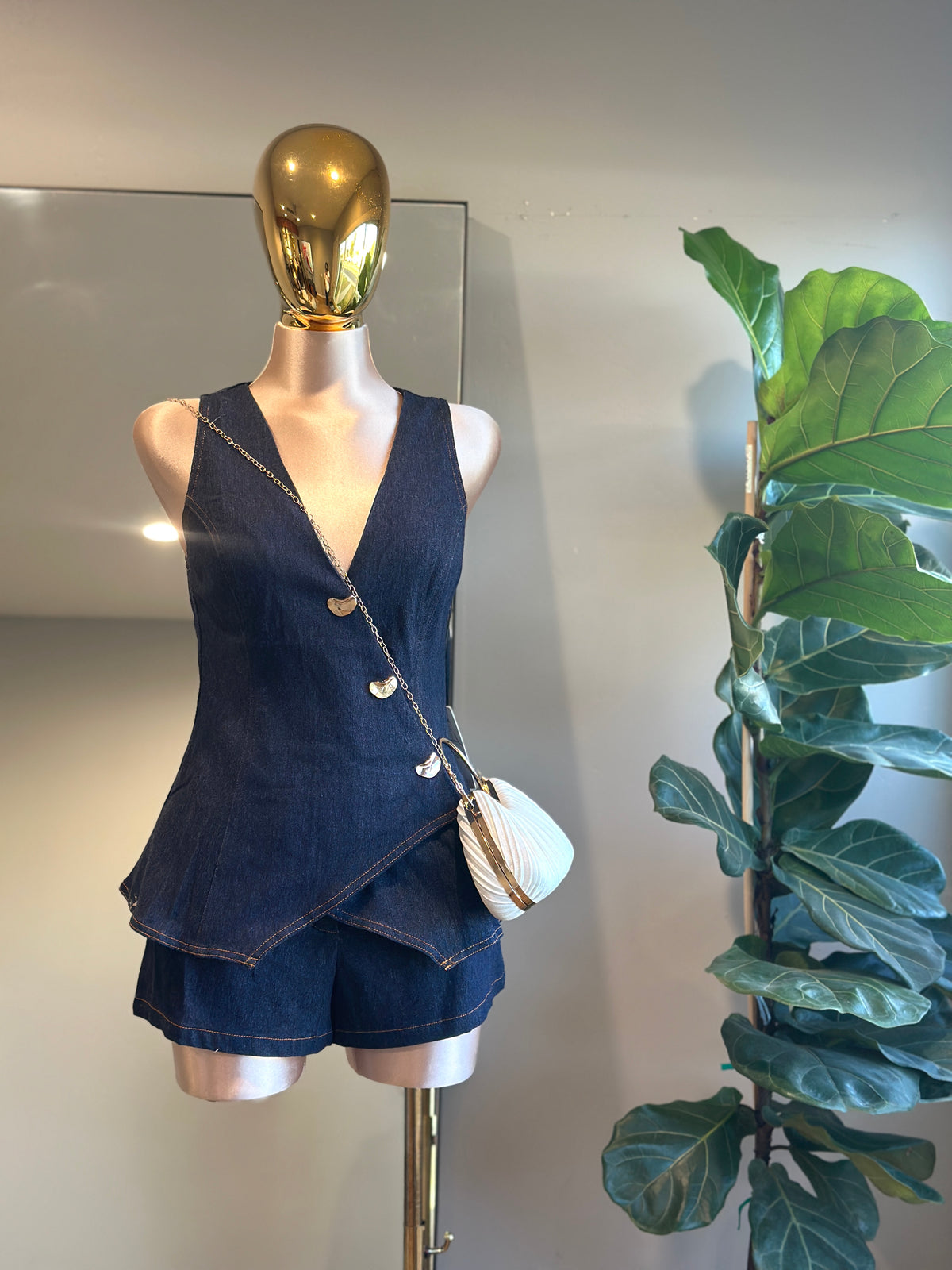 Set-Rom006 Fashion Dark Denim Romper with Gold Buttons