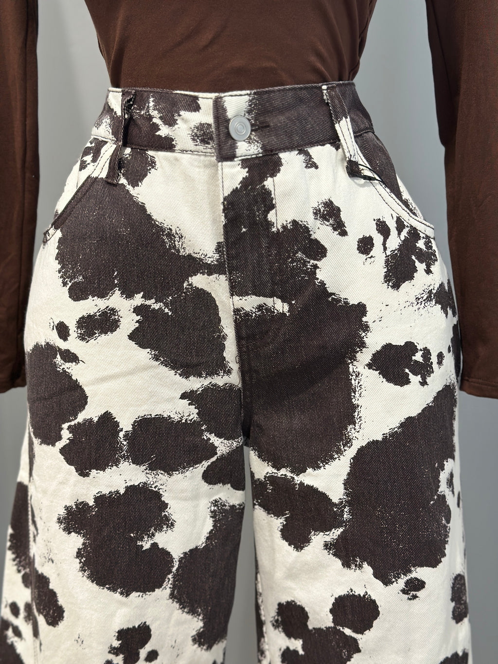 Cow printed cotton twill wide long pants