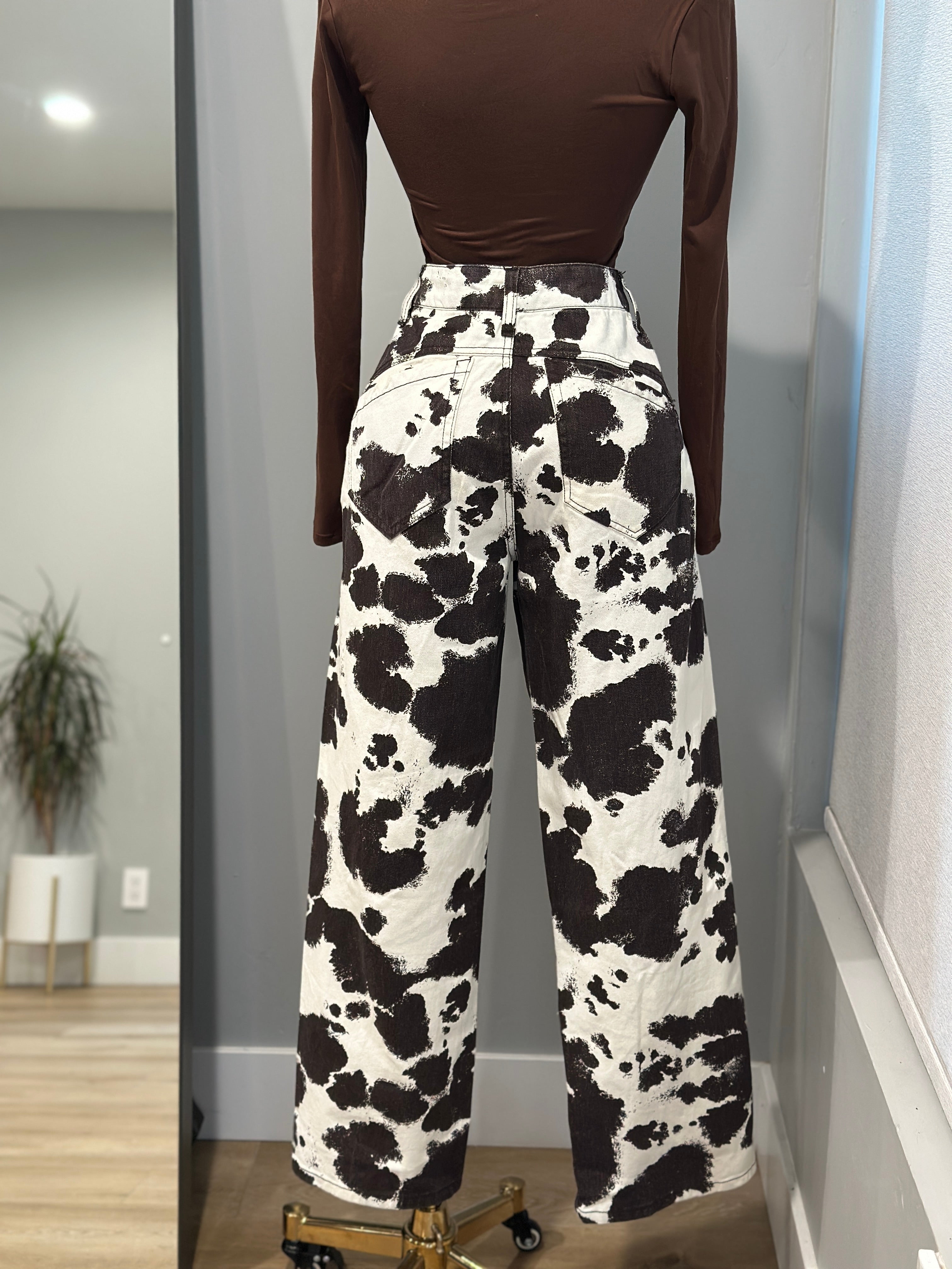 Cow printed cotton twill wide long pants