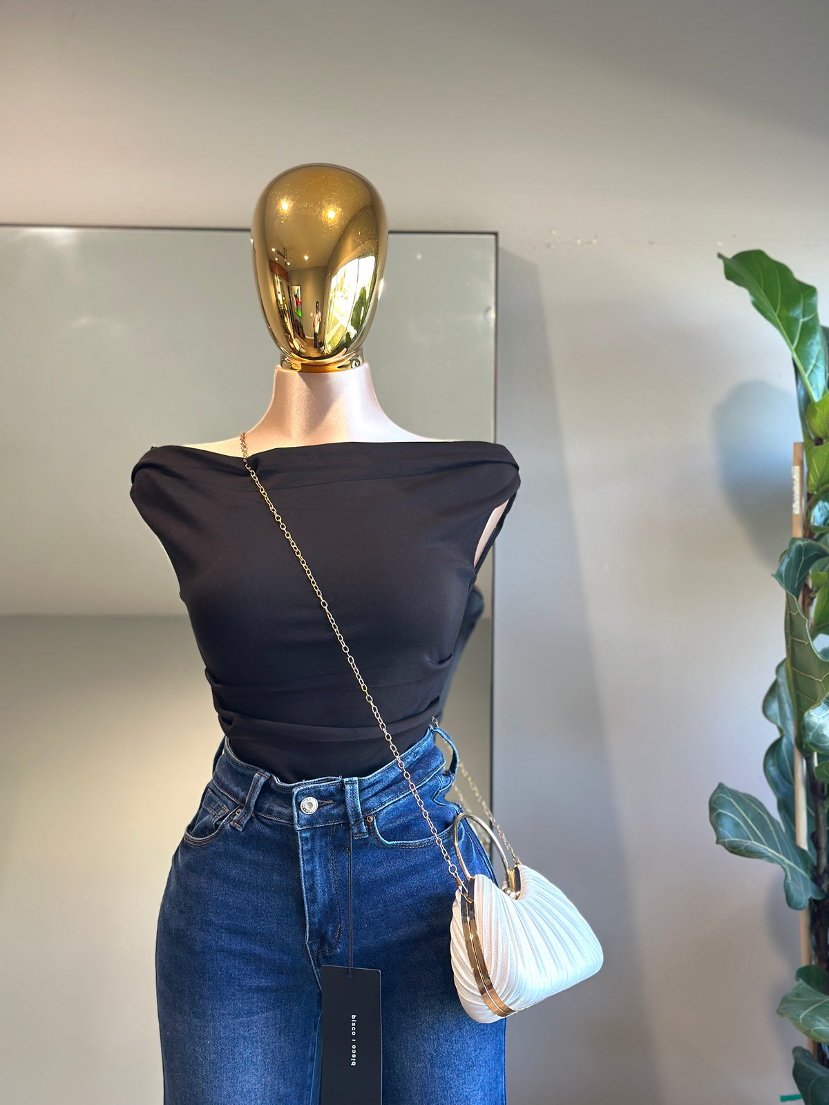 TOP010 Black Fashion top asymmetrical off the shoulder