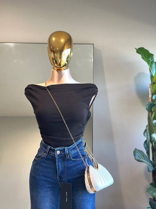 TOP010 Black Fashion top asymmetrical off the shoulder