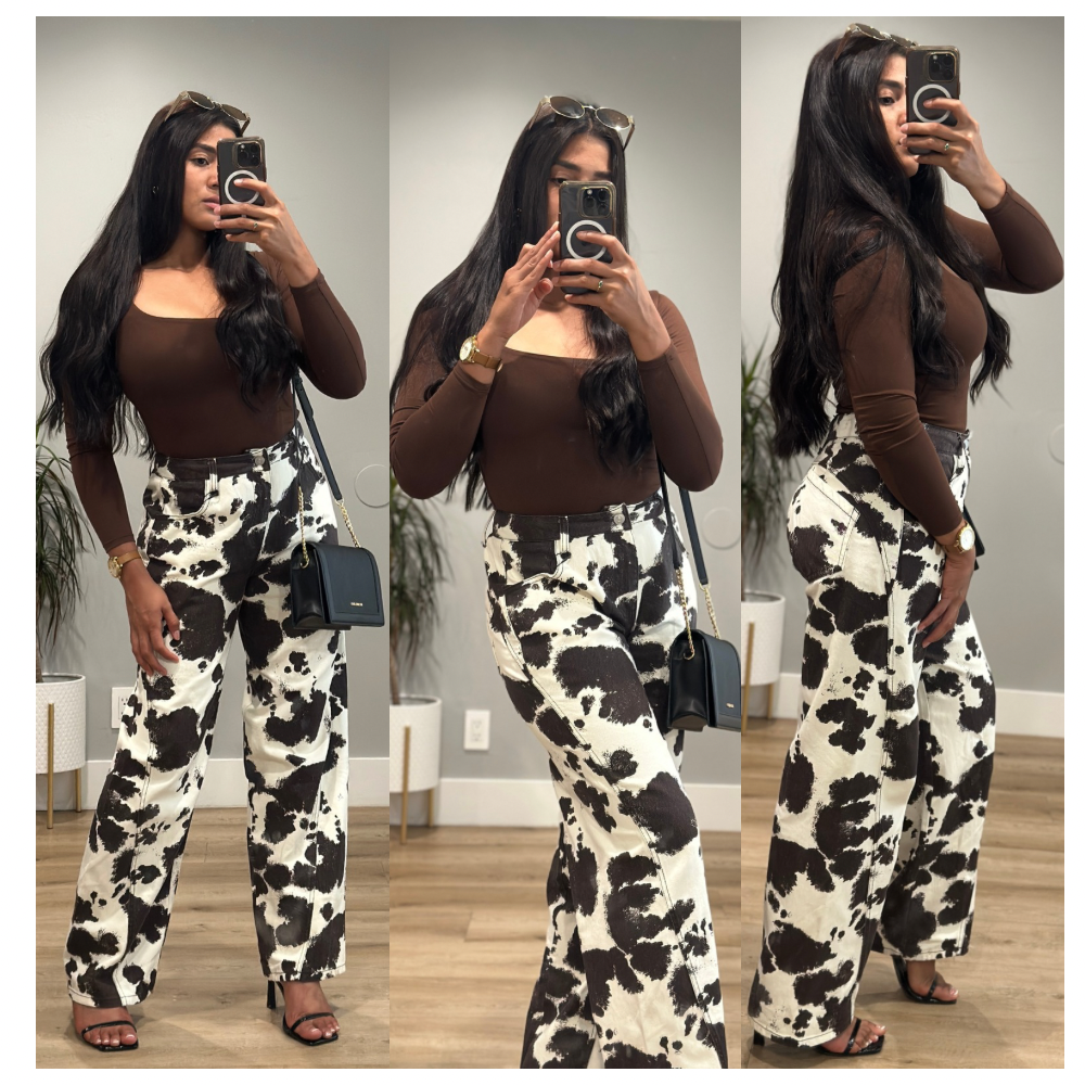 Cow printed cotton twill wide long pants