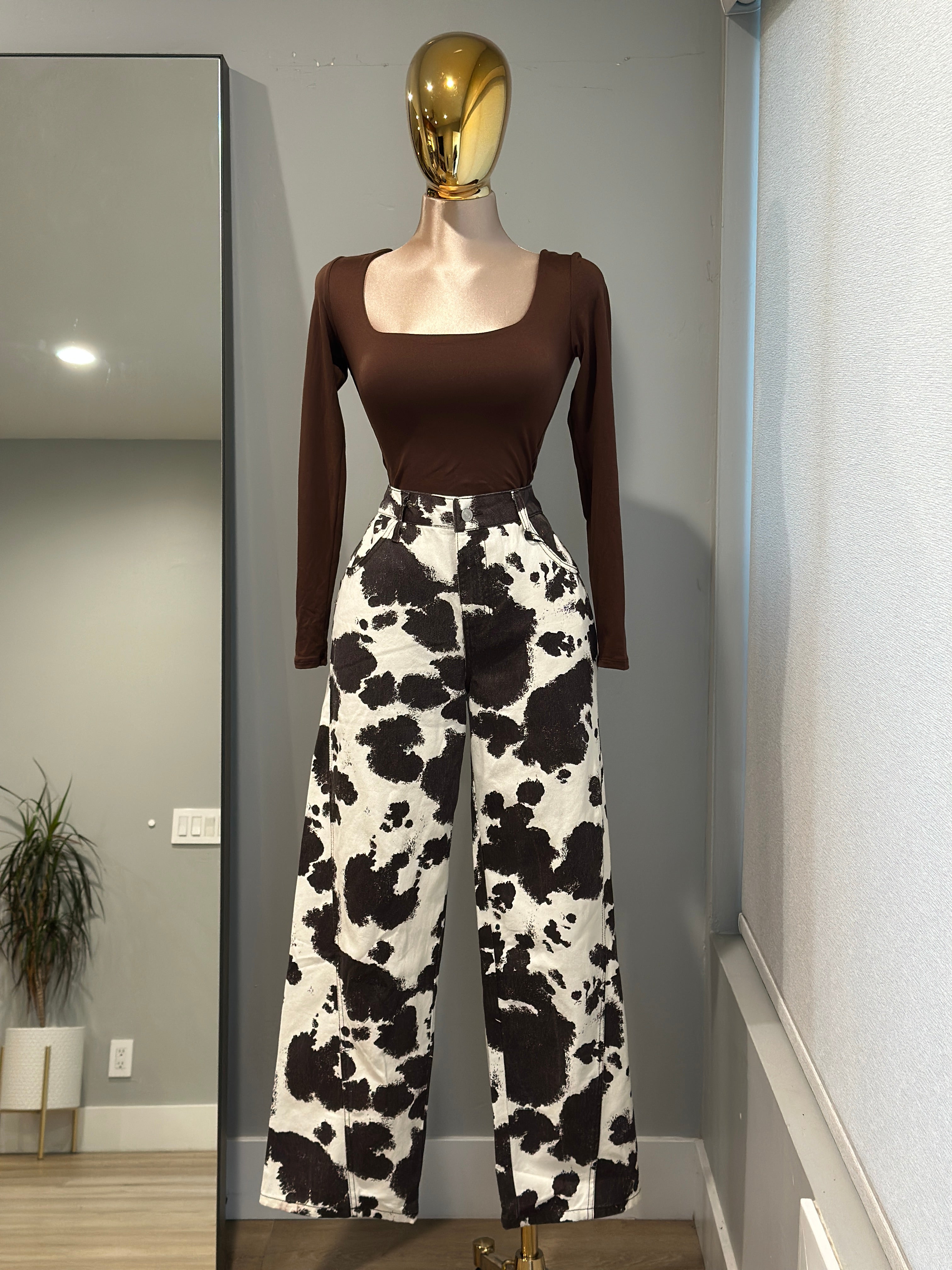 Cow printed cotton twill wide long pants