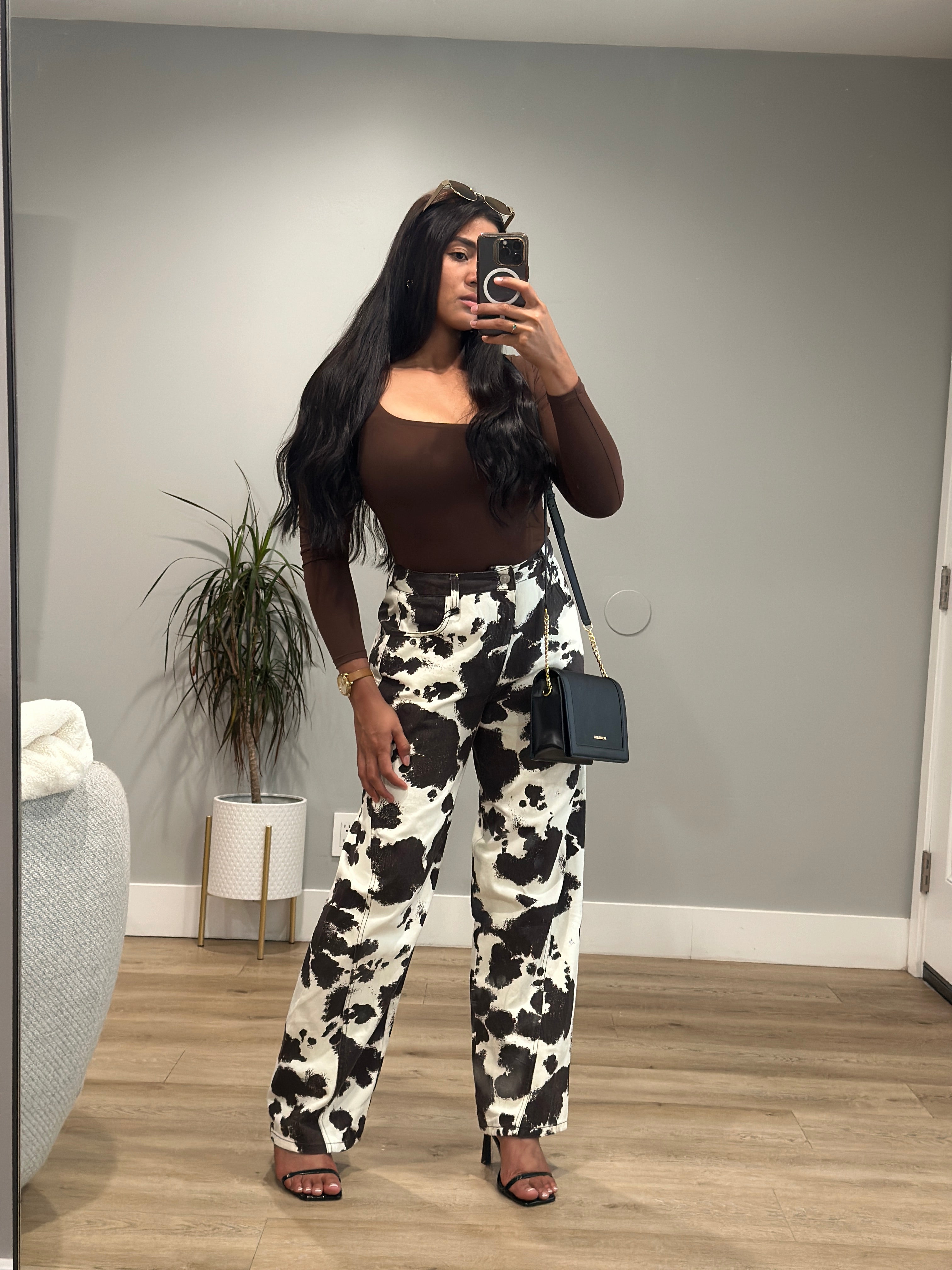 Cow printed cotton twill wide long pants