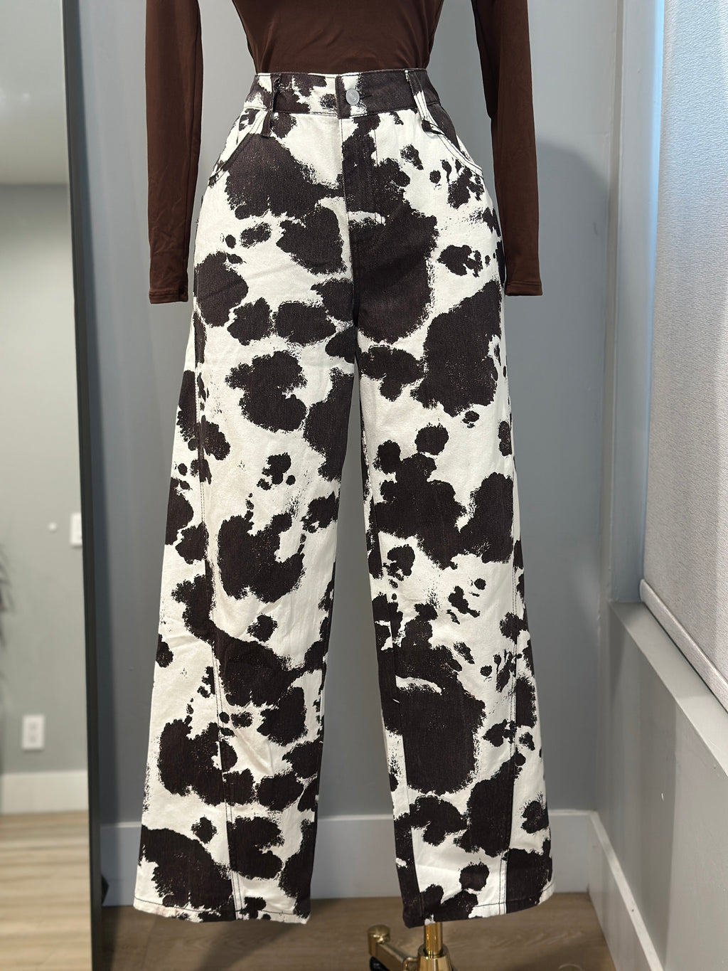 Cow printed cotton twill wide long pants