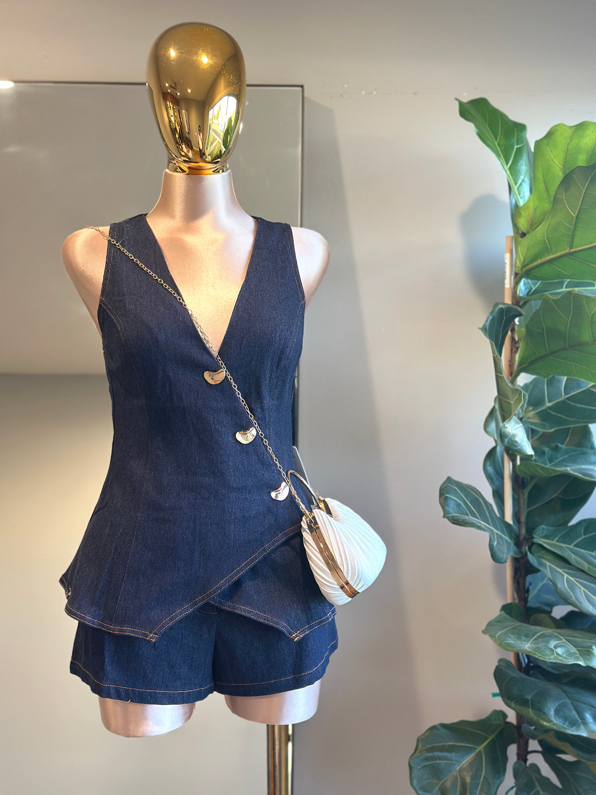 Set-Rom006 Fashion Dark Denim Romper with Gold Buttons