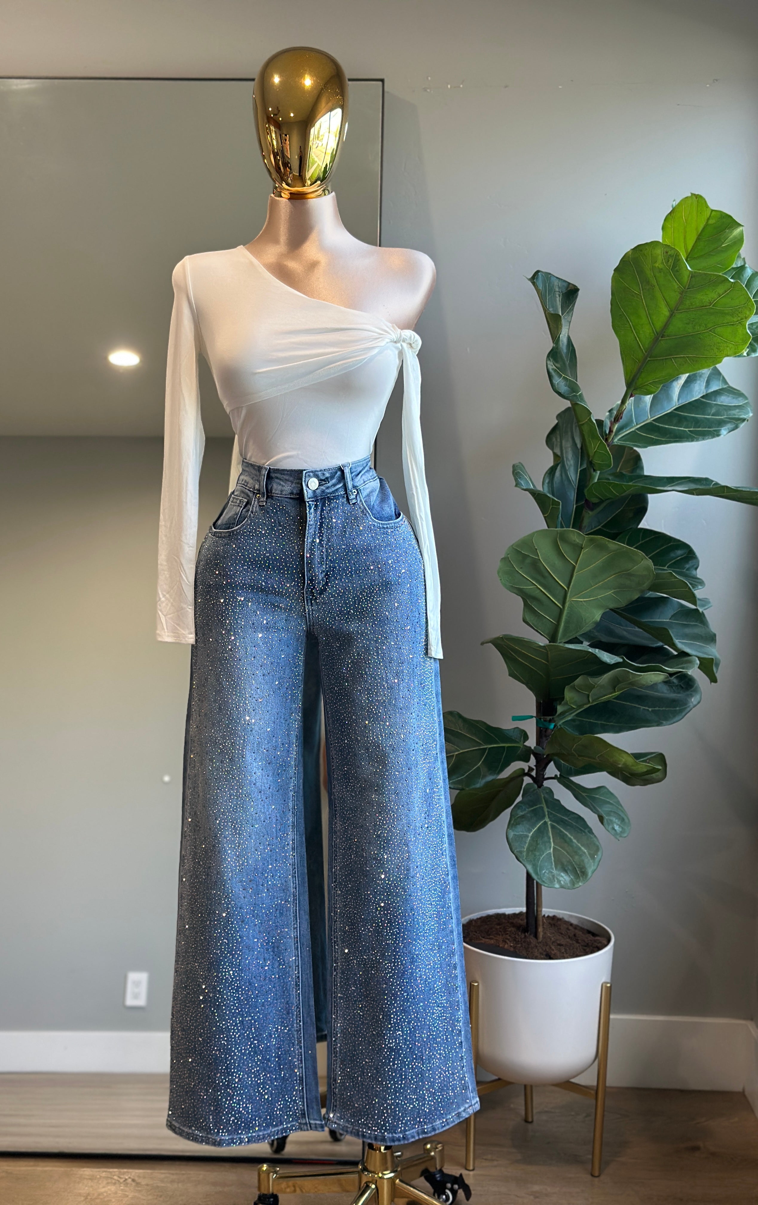 JE001-Fashion Jeans Rhinestone wide Leg