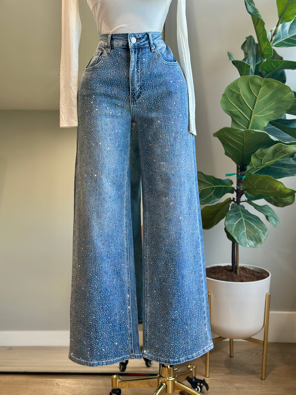 JE001-Fashion Jeans Rhinestone wide Leg