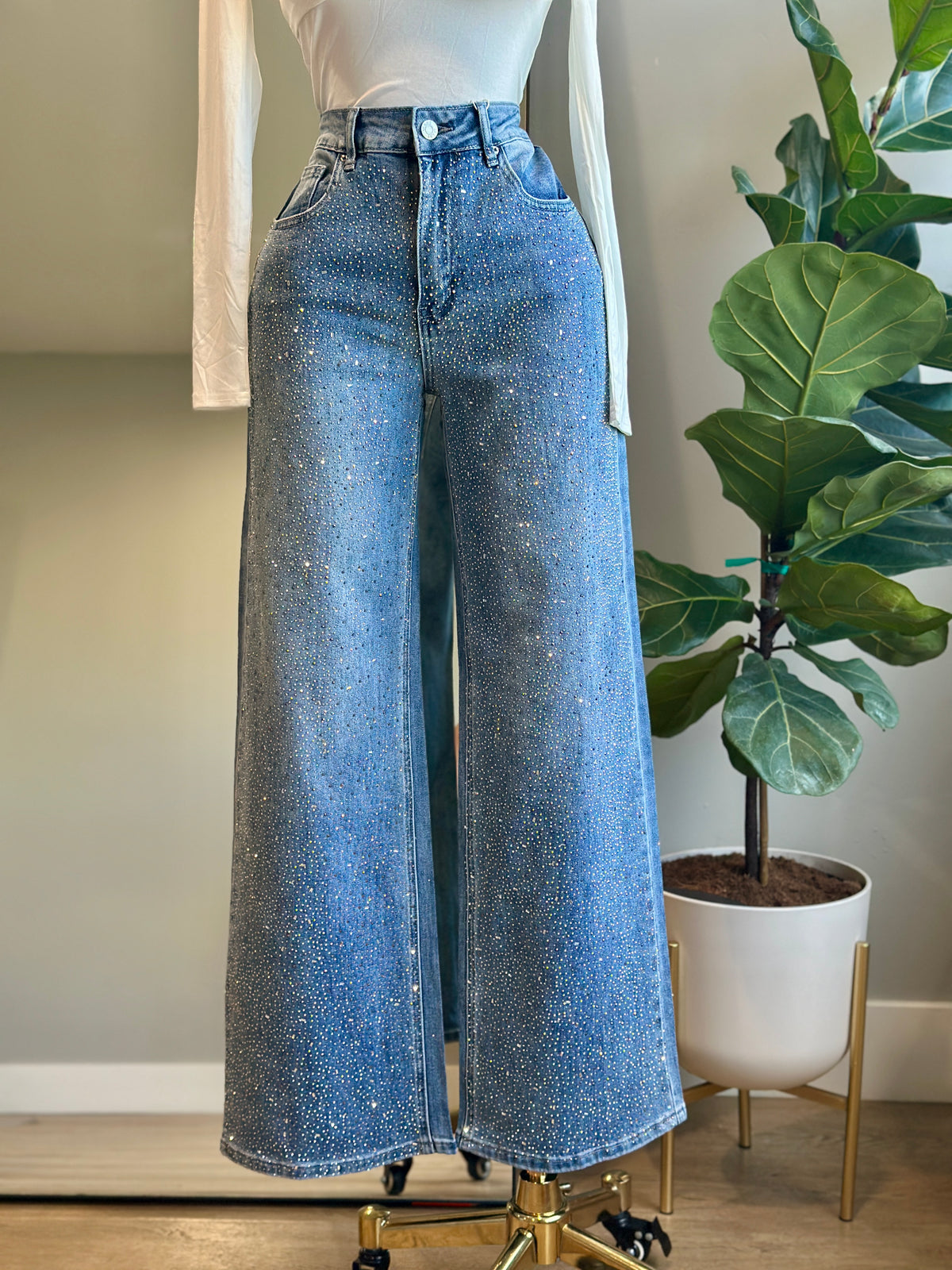 JE001-Fashion Jeans Rhinestone wide Leg