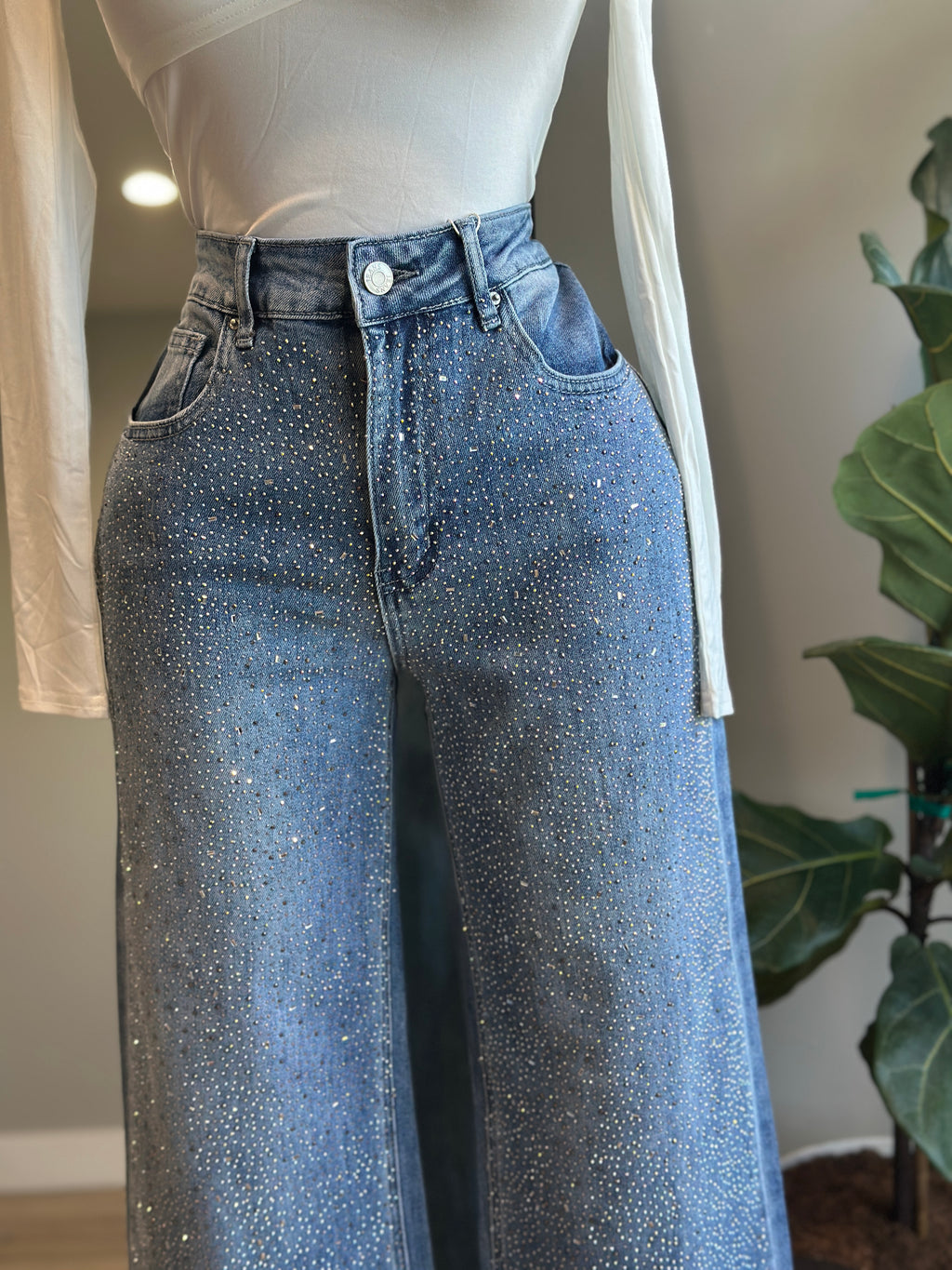 JE001-Fashion Jeans Rhinestone wide Leg