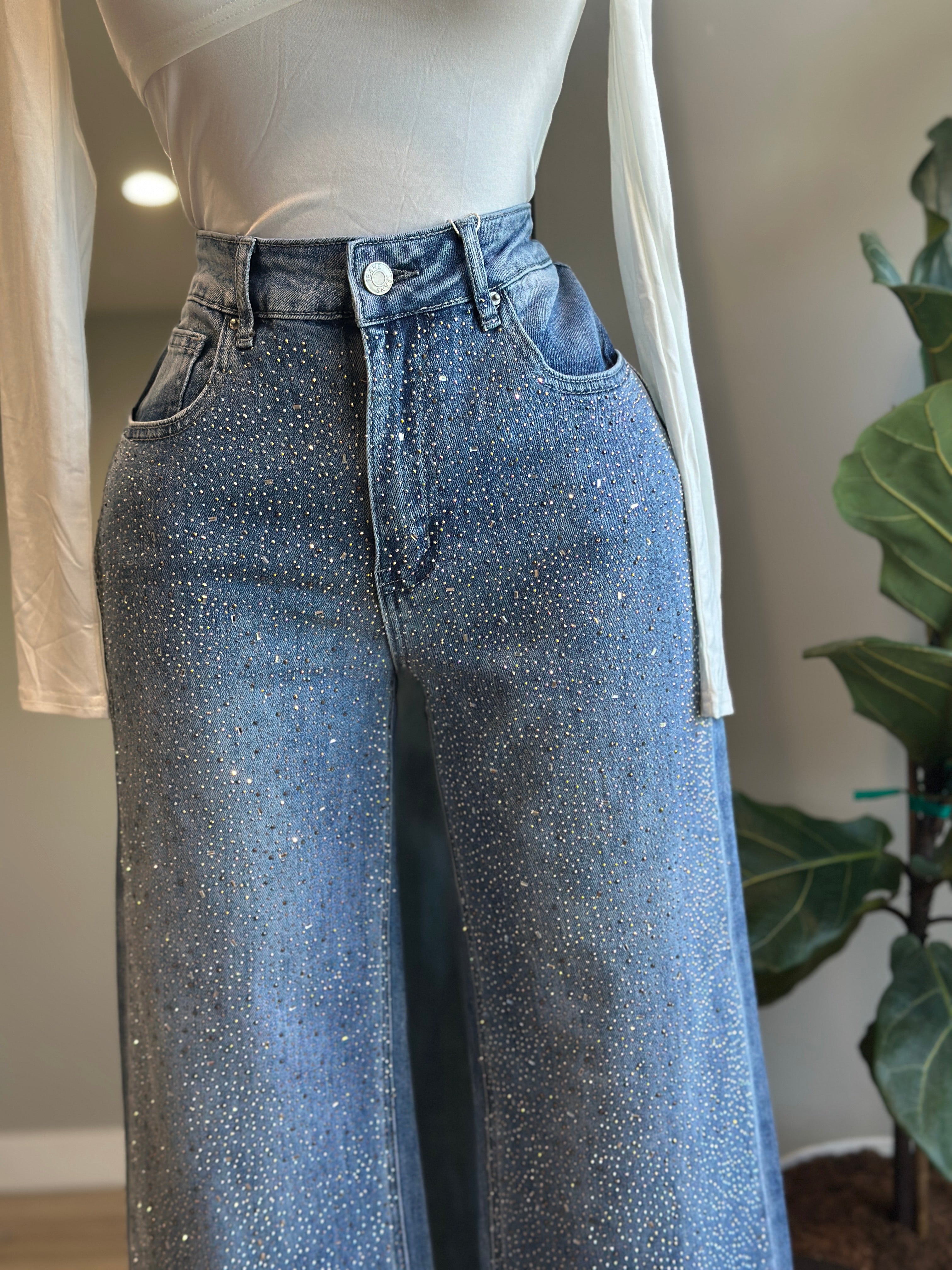 JE001-Fashion Jeans Rhinestone wide Leg