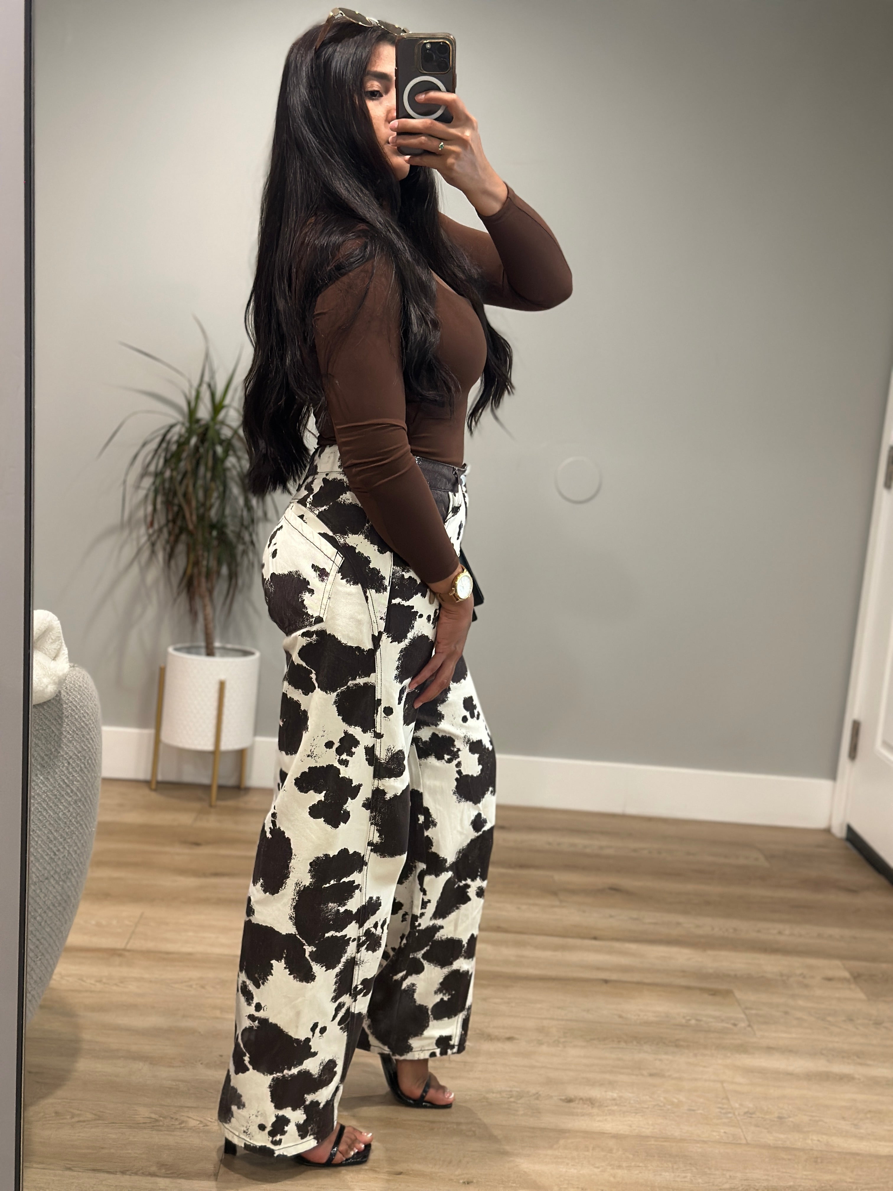 Cow printed cotton twill wide long pants