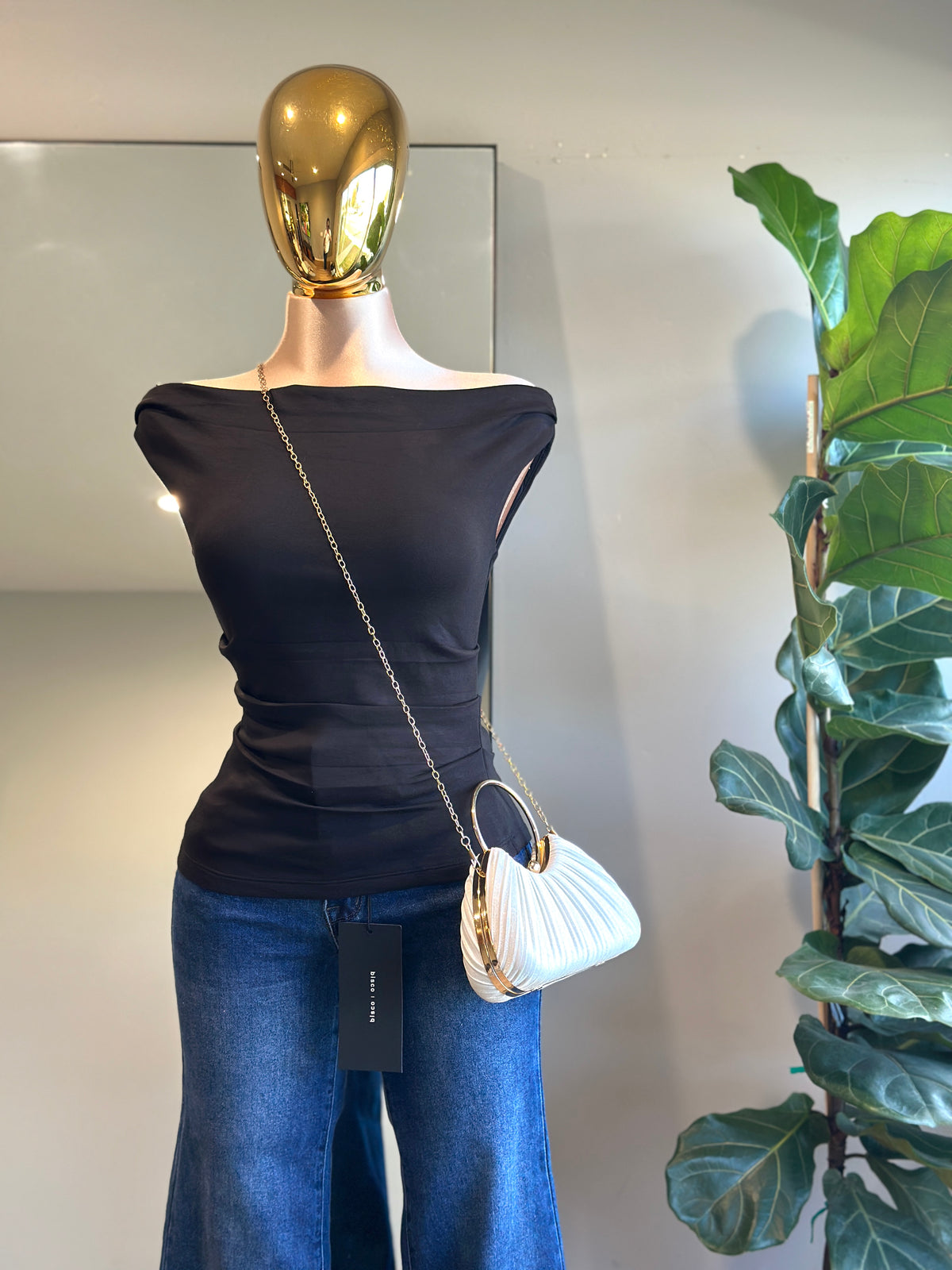 TOP010 Black Fashion top asymmetrical off the shoulder